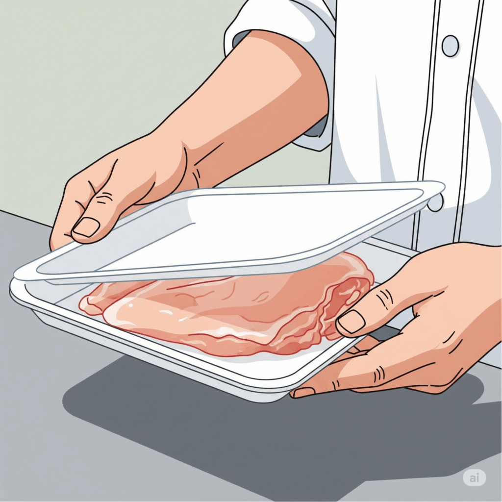 トレーに鶏むね肉のドリップ(肉汁)が出ていないかチェックする