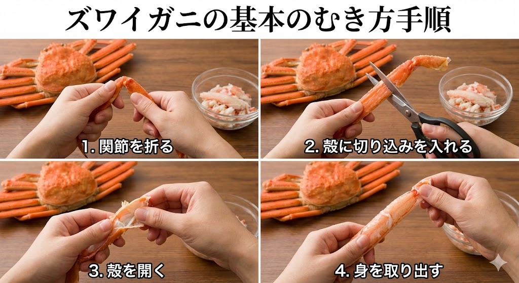 ズワイガニの基本のむき方手順｜甲羅・胴体・脚・爪を順番に外す