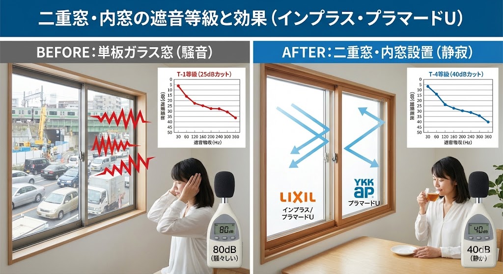 二重窓・内窓の遮音等級と効果（インプラス・プラマードU）
