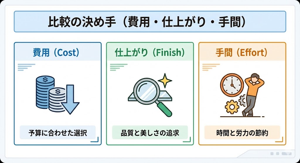 比較の決め手（費用・仕上がり・手間）