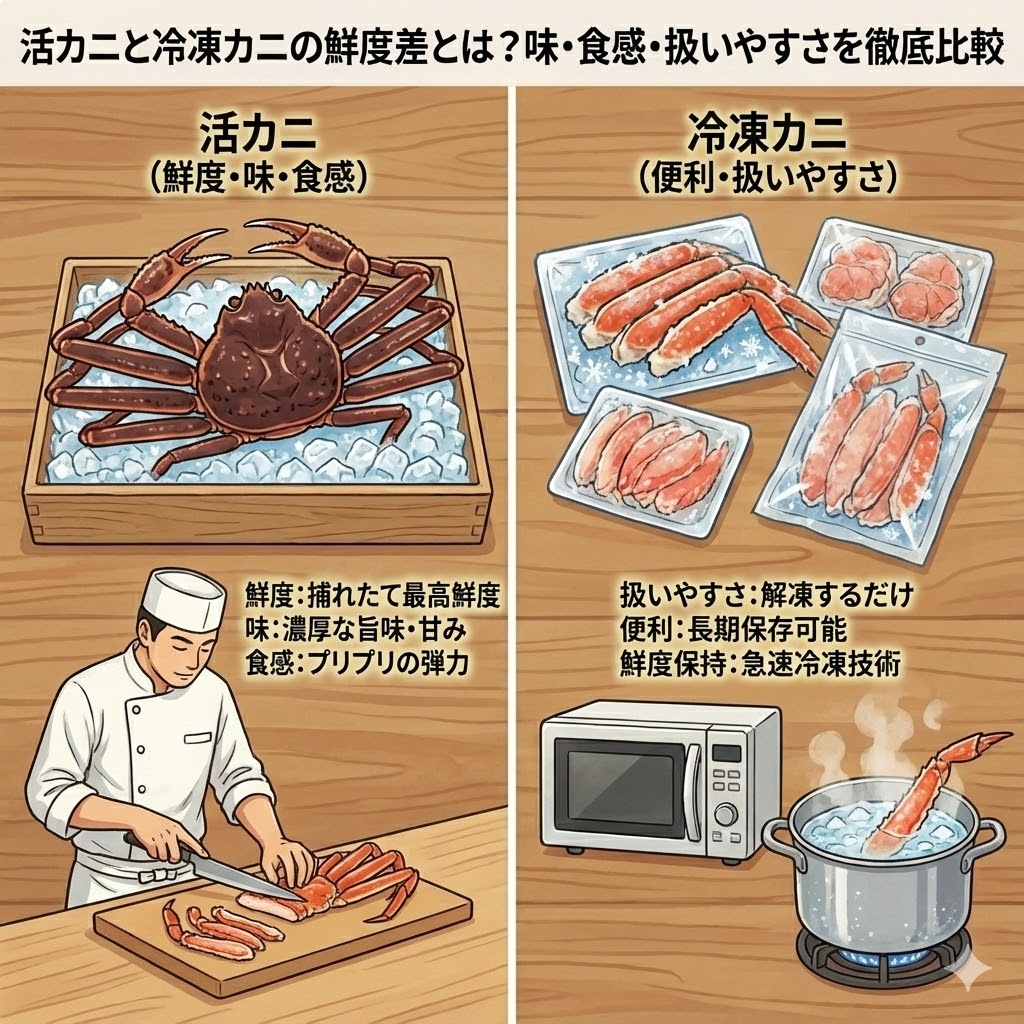 活カニと冷凍カニの鮮度差とは？味・食感・扱いやすさを徹底比較